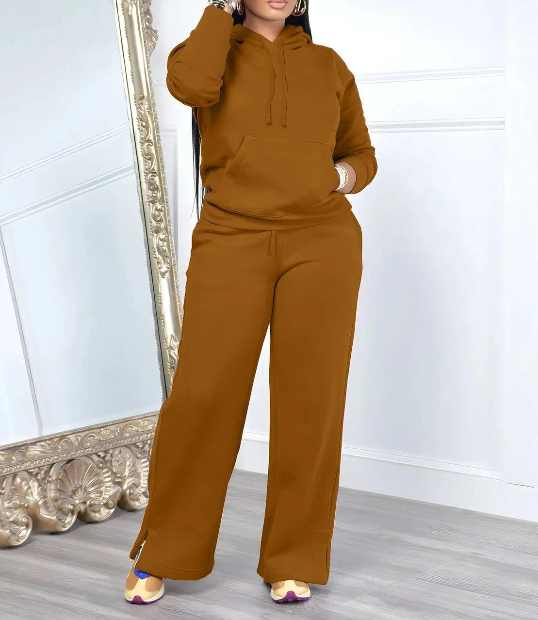 Women’s Hooded Top and Wide-Leg Pants Sport Two-Piece Winter Outfit Tracksuit - JVMCL