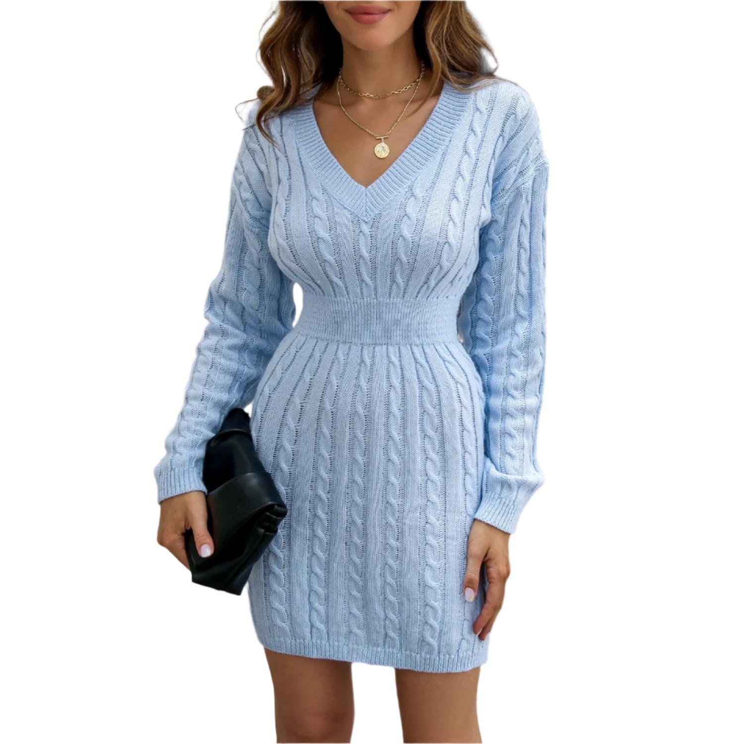 Knitted Solid Color V-neck Long-Sleeved Twist Waist Hip-Covering Sweater Dress - JVMCL