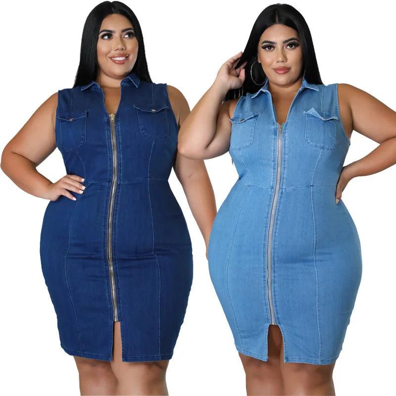 Comfortable Fit Elegant Plus Size Sleeveless Zipper Denim Dress for Women - JVMCL