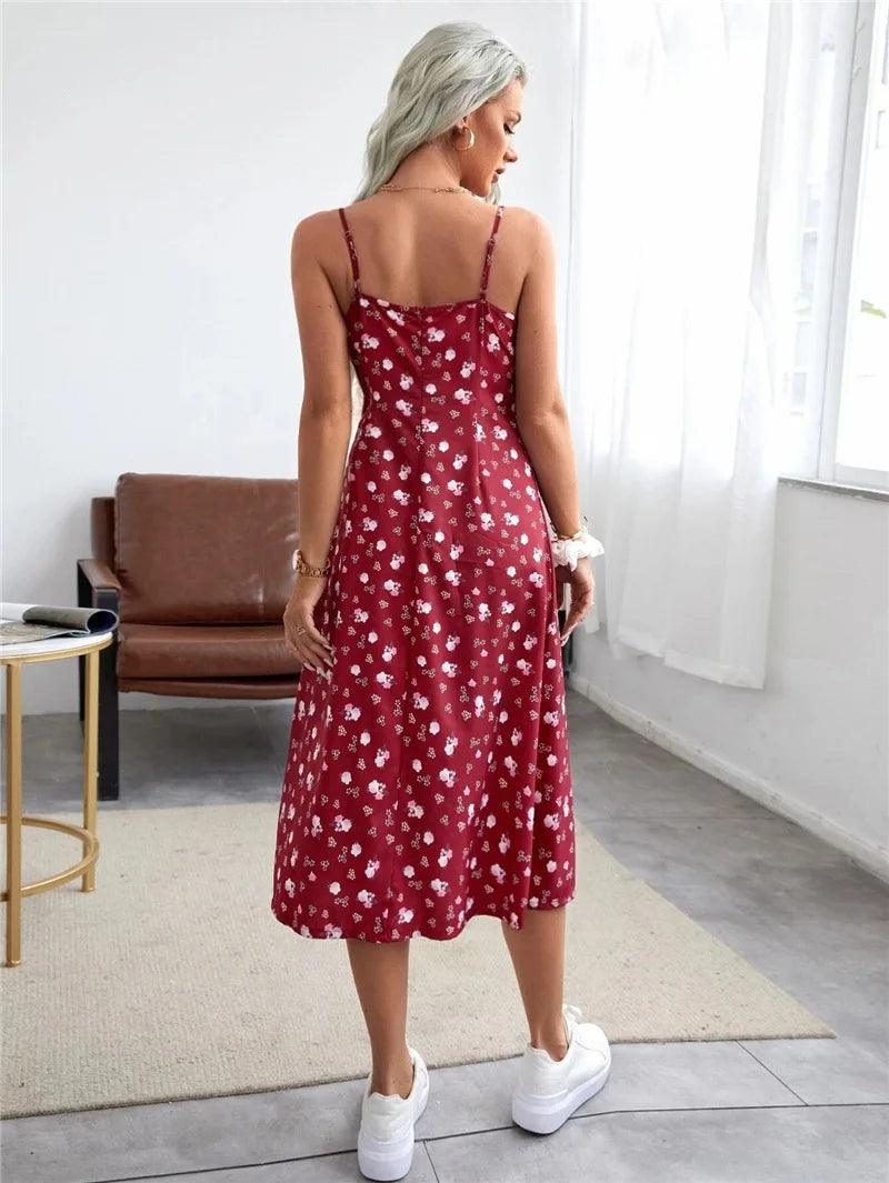 Elegant Floral Print Summer Split Dress - Slim Waist Spaghetti Strap Sheath Dress - JVMCL