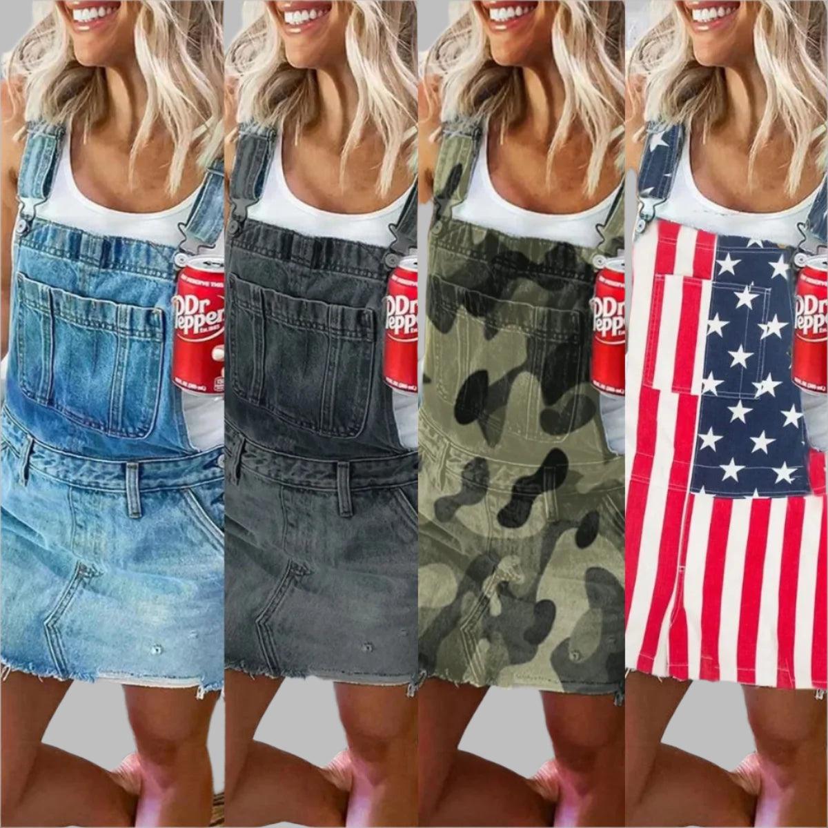 Women's Camouflage Flag Print Denim Overall Dress - JVMCL