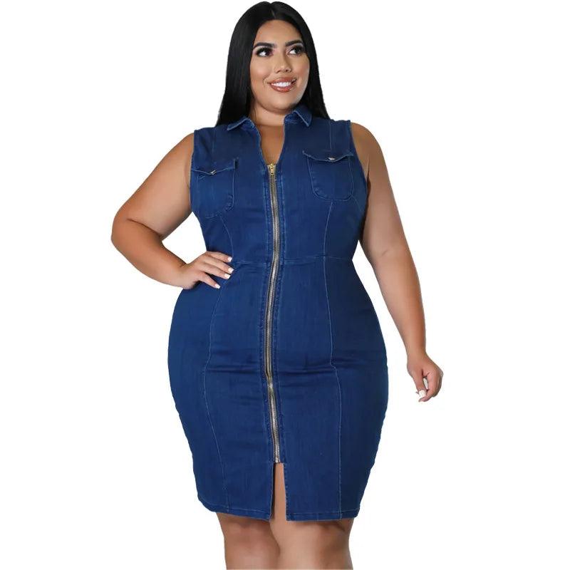 Comfortable Fit Elegant Plus Size Sleeveless Zipper Denim Dress for Women - JVMCL