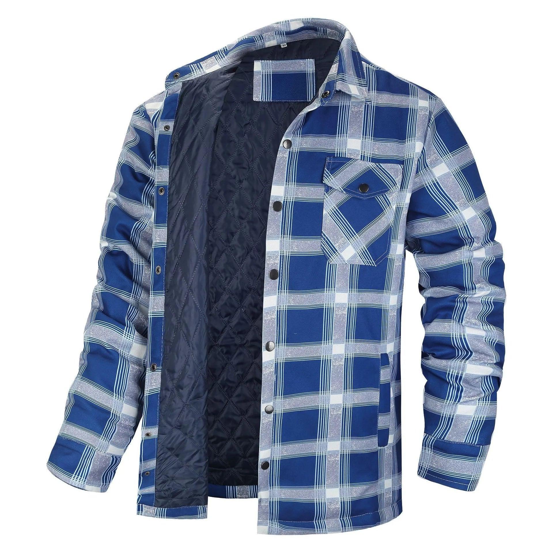 Men’s Plaid Long-Sleeve Winter Jacket – Thick Lapel Bomber Coat for Autumn & Winter - JVMCL