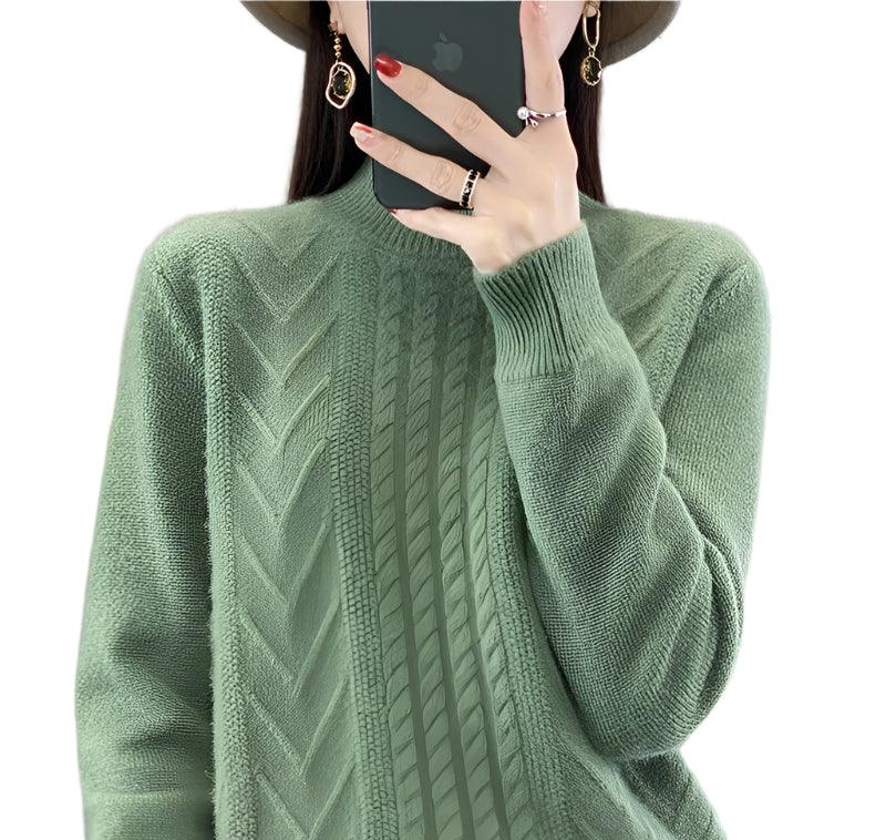 Long-Sleeved -High-Necked Twisted Knit Wool Pullover Sweater for Autumn/Winter - JVMCL