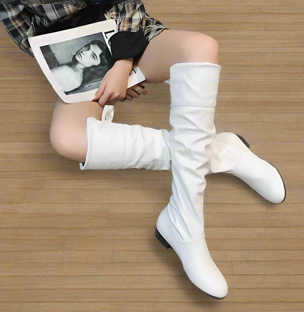 Women's Over-the-Knee Pleated Low Heel PU Casual Leather Boots - JVMCL