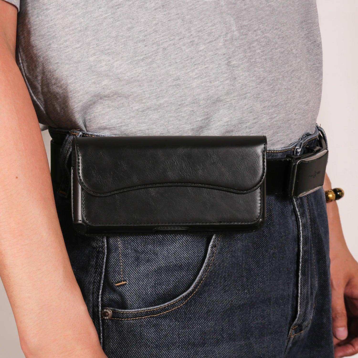 Crazy Horse Leather Horizontal Waist Phone Bag Pouch for Large Smartphones