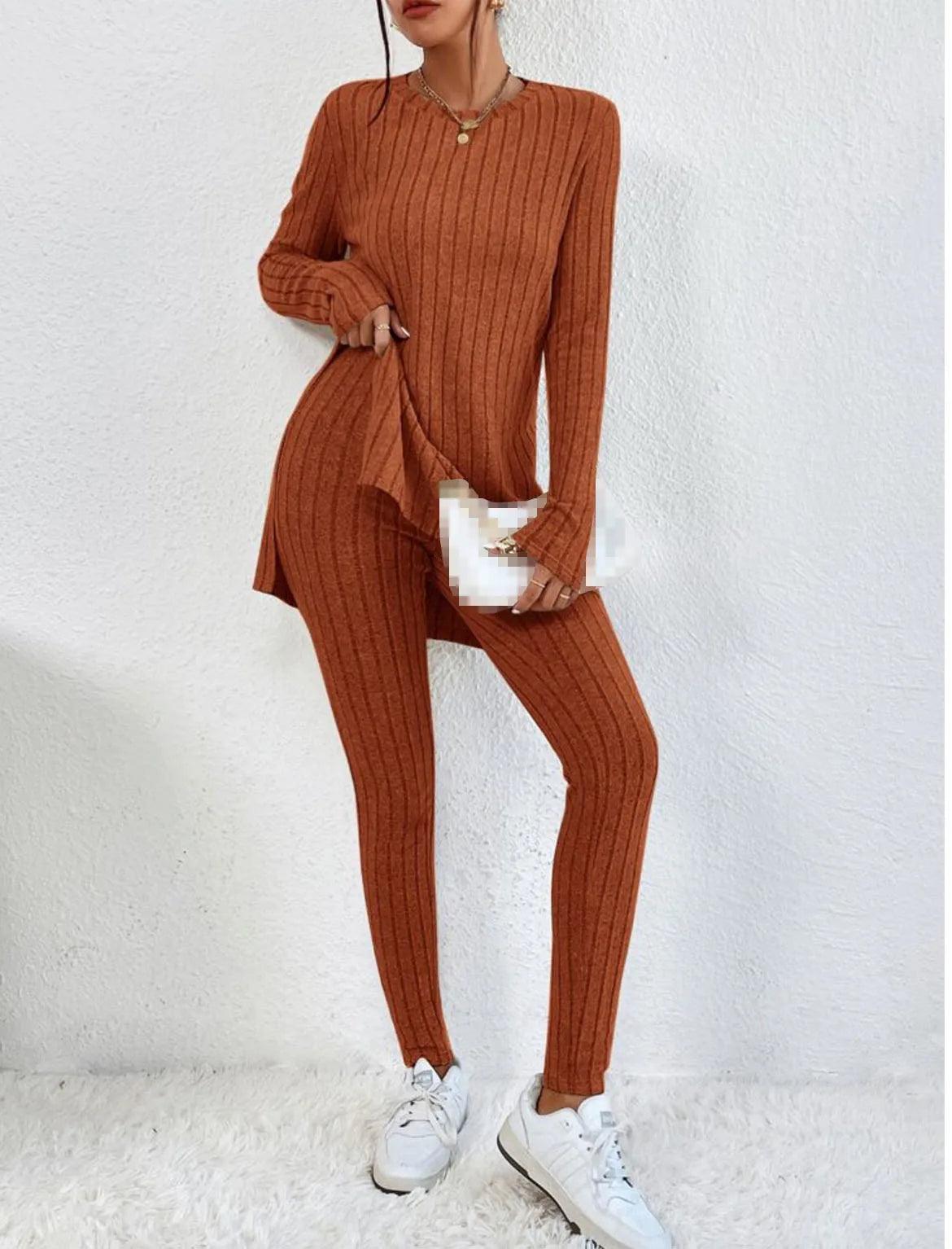 Women's Fashion Autumn Casual Set – Long Sleeve Split Shirt & High Waist Pants ✨ - JVMCL