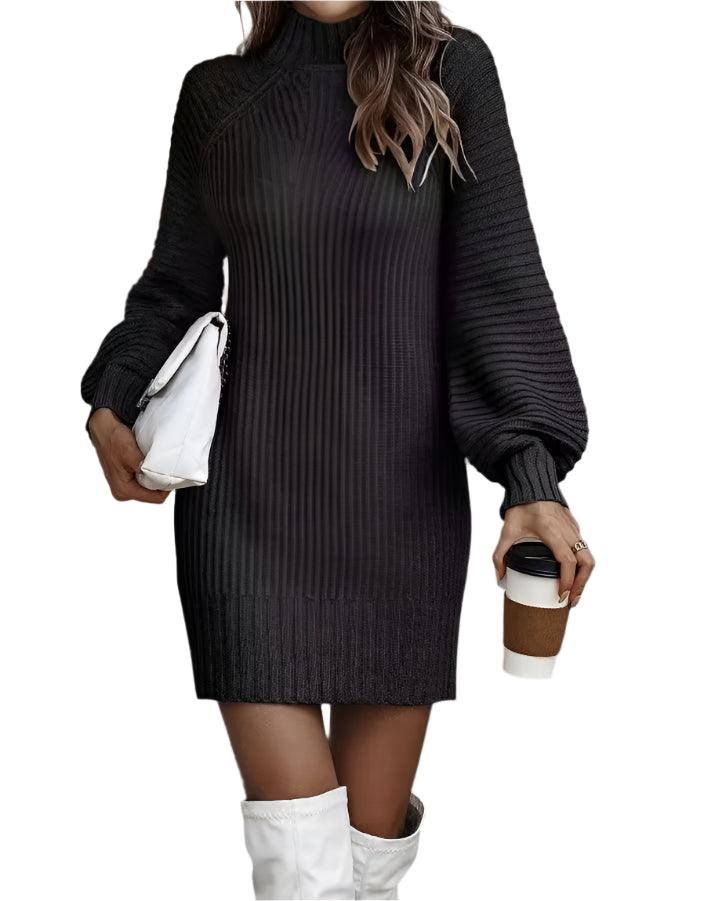 Office Lady Slim Fit Elegance Autumn/Winter High Neck Flare Sleeve Knit Dress - JVMCL