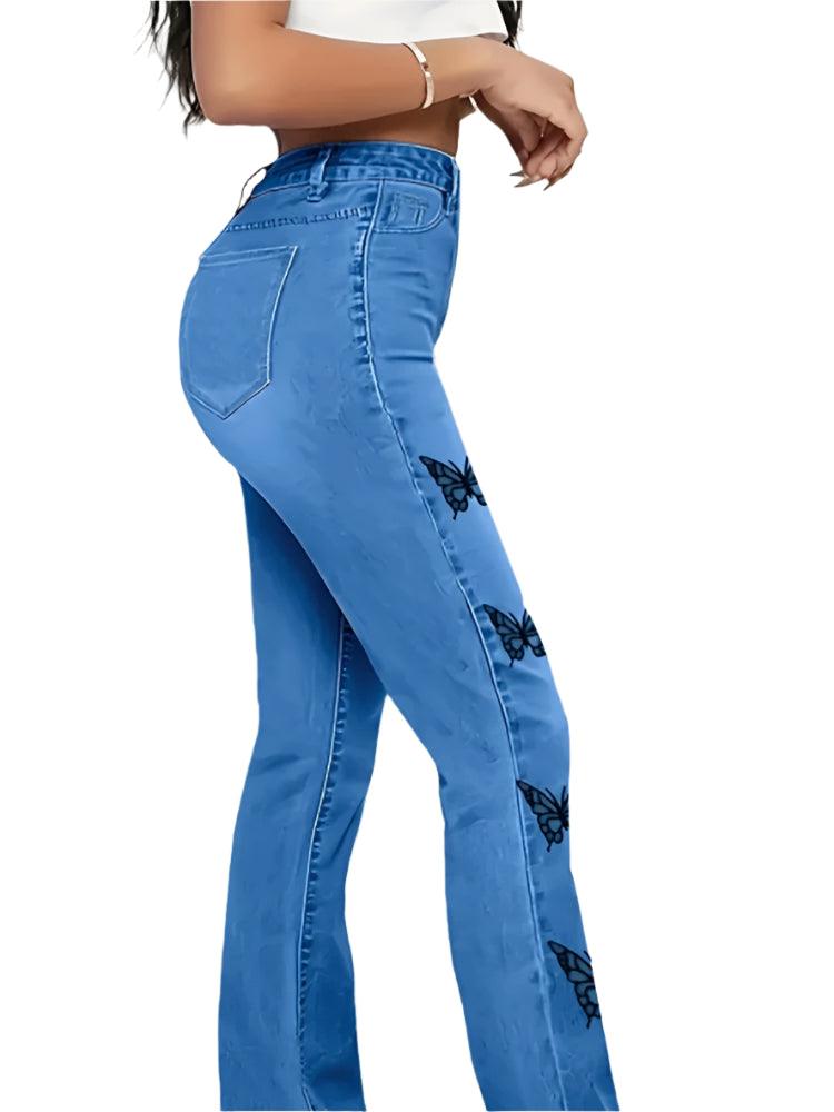 Y2K High-Waist Butterfly Print Flare Jeans – Trendy & Loose-Fit Fall Denim - JVMCL