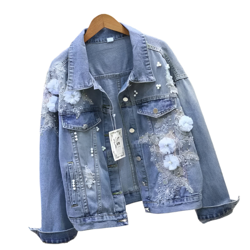 Women's 3D Flower Embroidered Denim Jacket – Loose Fit Korean Style Outerwear