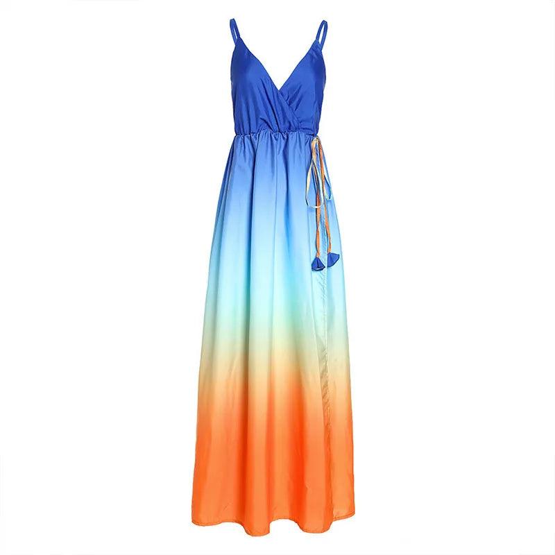 Gradient Print Maxi Sundress – Sexy V-Neck Spaghetti Strap Summer Dress - JVMCL