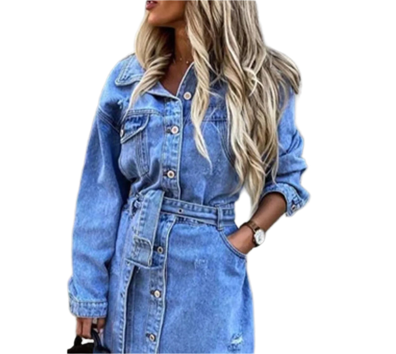 Slim-Fit  Casual Mid-Length Single-Breasted Stretch Denim Dress