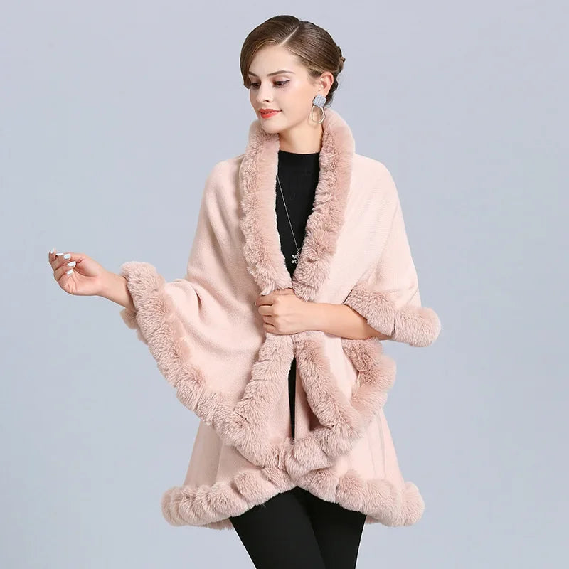 Elegant Outstreet Faux Fox Fur Collar Two-Layer Poncho Cape Cardigan Coat - JVMCL