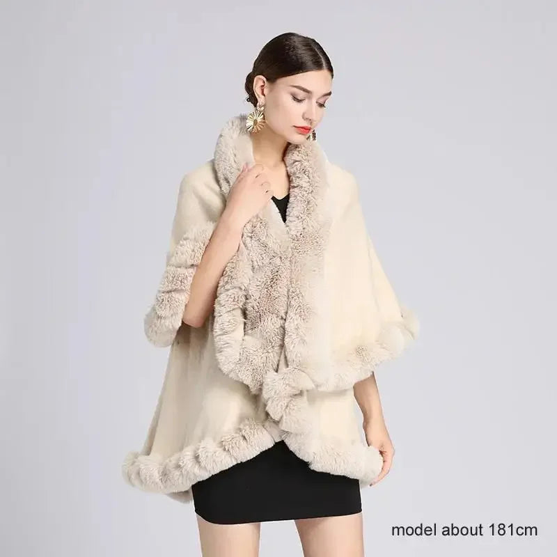 Women's Winter Knitted Poncho Cloak – Faux Rex Rabbit Fur Collar Pashmina Wrap