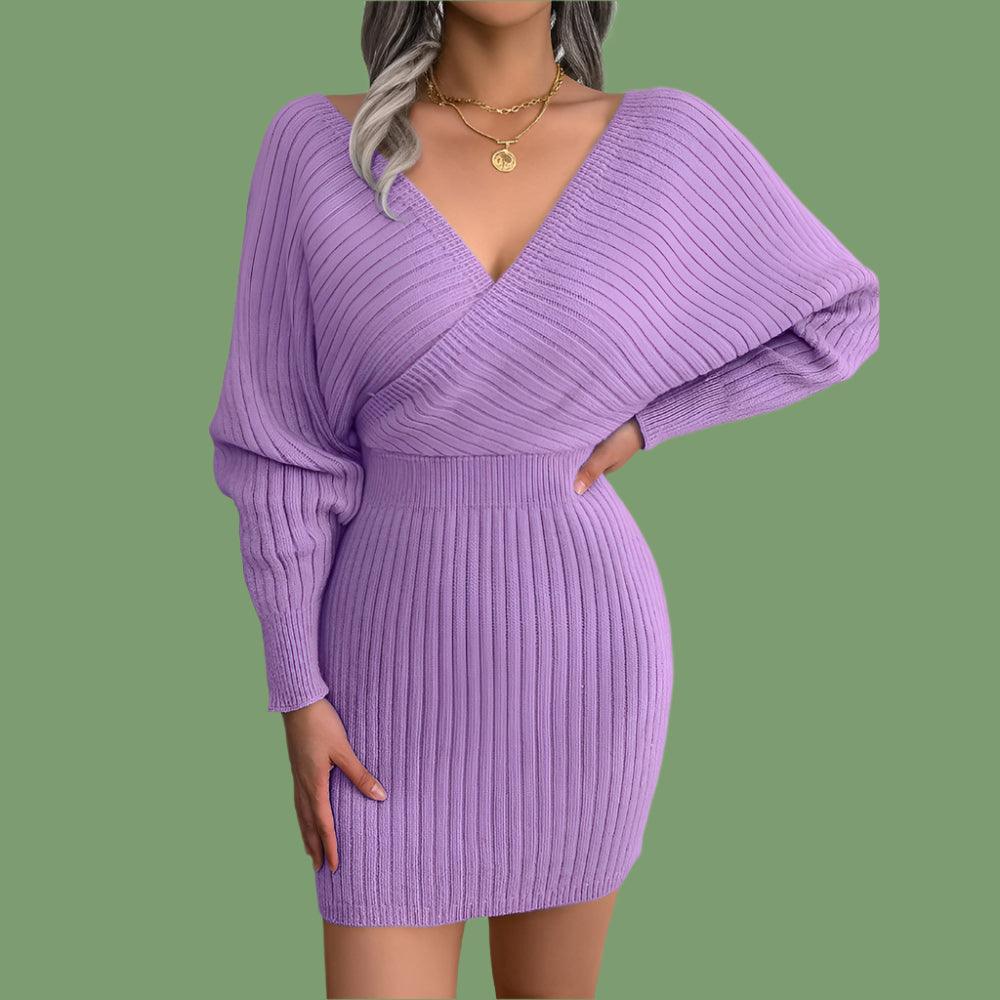 Autumn Winter V-Neck Knitted Wrap Dress – Slim Fit Mini for Casual Elegance - JVMCL