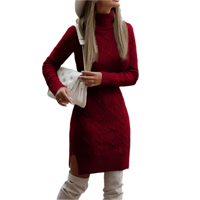 Warm Knitted Mini Dress for Women - High Neck Slim Wool Winter Fashion