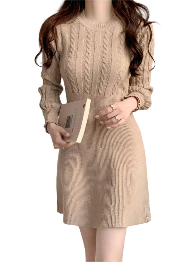 Chic Feminine Korea Winter Spring Women Office Lady O-Neck Knitted Sweater Dress - JVMCL