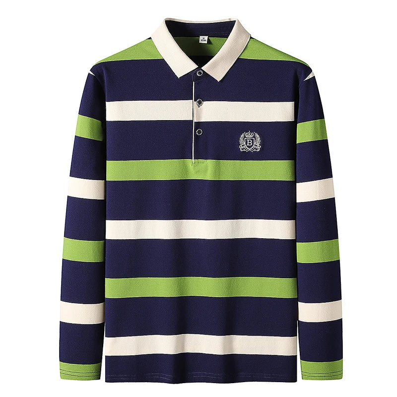 Men’s Cotton Long-Sleeve Striped Polo Shirt – Casual Business Fashion Sweater