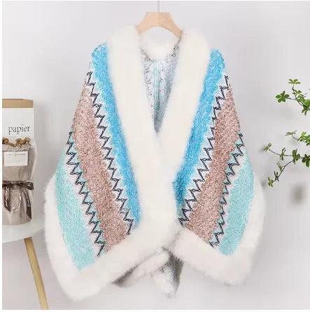 Bohemian Faux Silver Fox Fur Poncho – Knitted Wool Cloak & Luxury Shawl Wrap - JVMCL