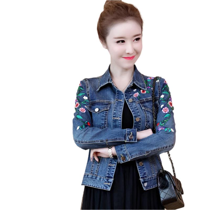 Vintage Slim Women Floral Patterned Slim Outwear Casual Denim Jacket - JVMCL