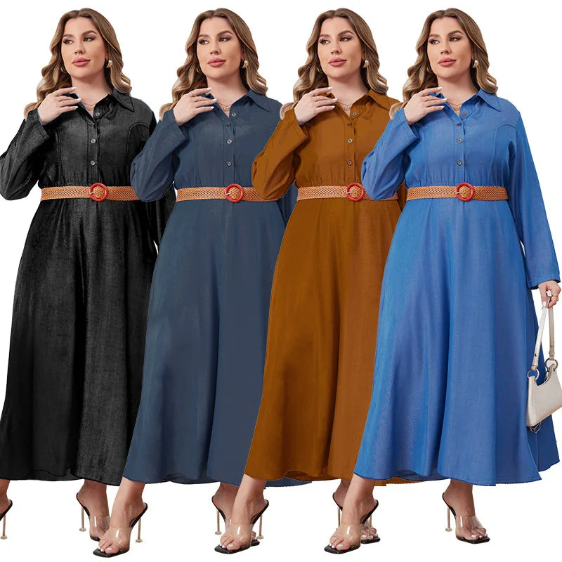 Plus Size Button-Up Long Sleeve Curvy Fit Jean Denim Women Dress