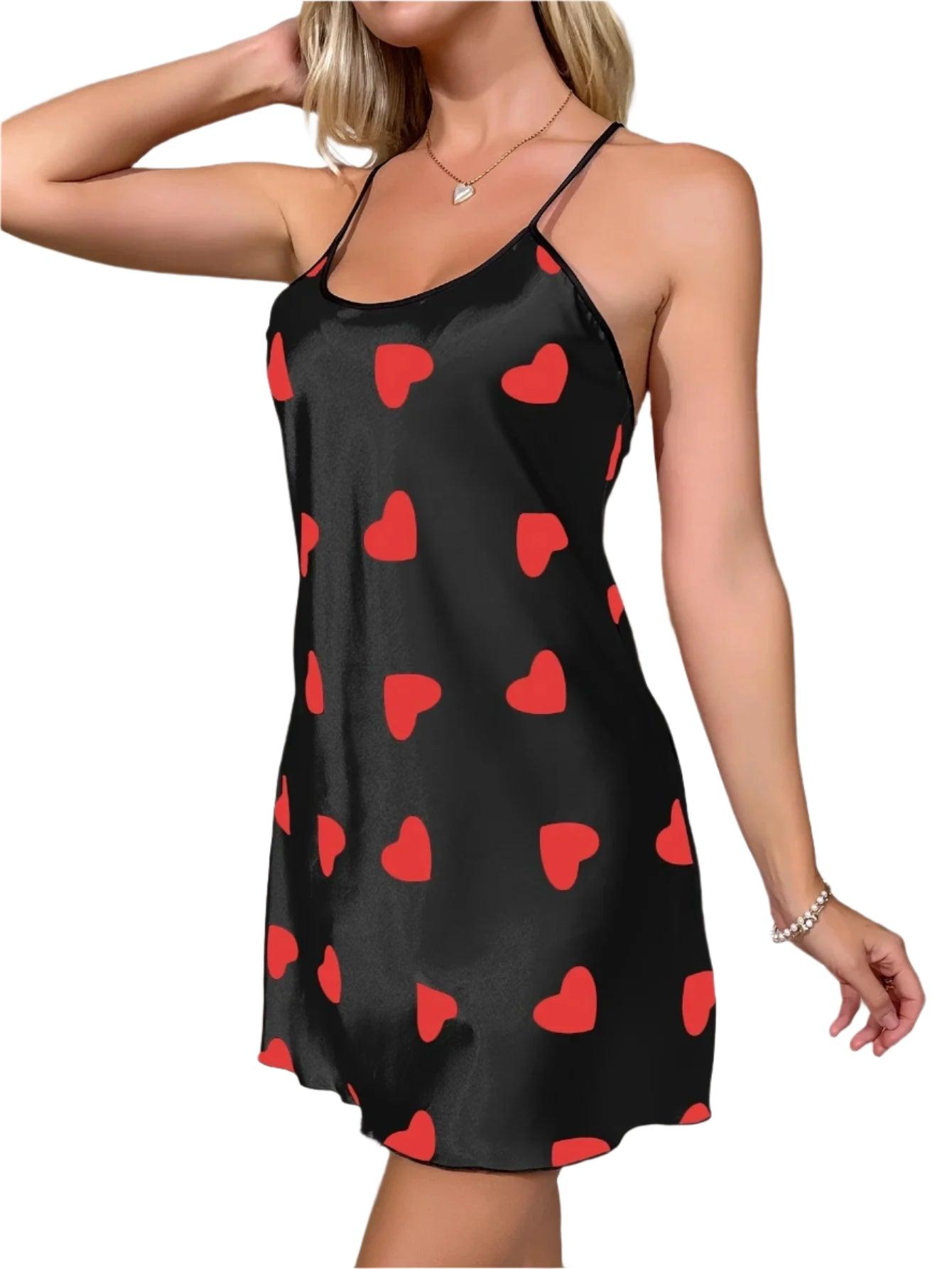 Heart Print Criss-Cross Back Nightdress - Elegant Scoop Neck Sleepwear for Women - JVMCL