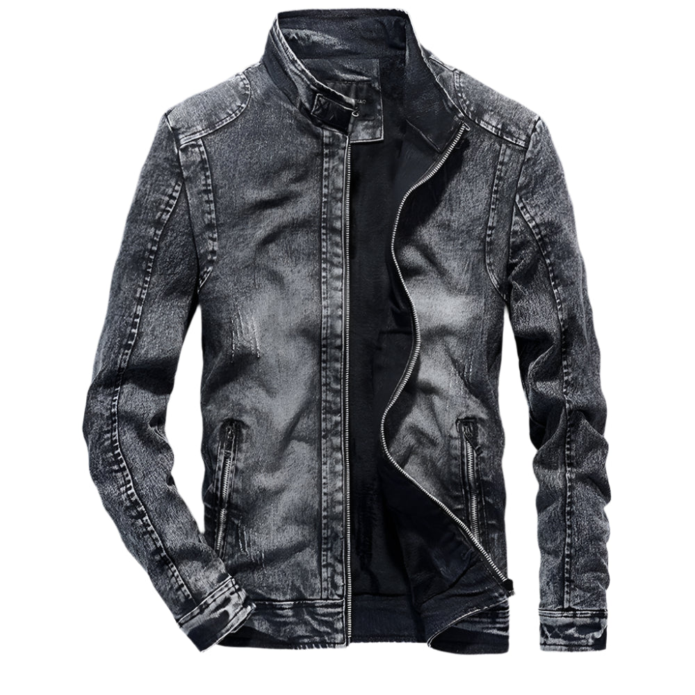 Men’s Slim-Fit Mandarin Collar Zipper-Up Outerwear Denim Jacket