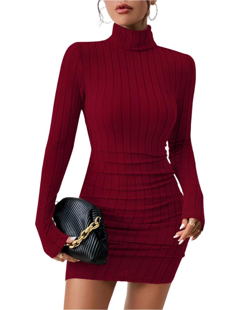 Sexy Slim-Fit Long Sleeve High Street Knitted Turtleneck Bodycon Mini Dress - JVMCL