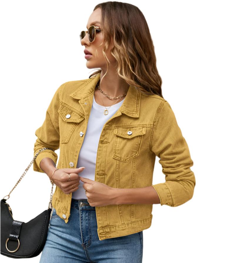 Women's Short Slim Denim Jacket -Casual Fall/Winter Jean Coat with Patch Details - JVMCL