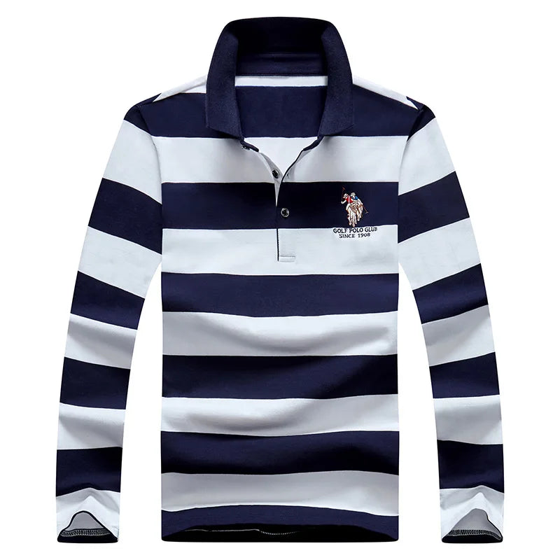 Men’s Cotton Long-Sleeve Striped Polo Shirt – Casual Business Fashion Sweater