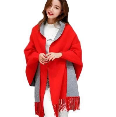 Autumn Winter Fashion Lady Tassel Knitted Shawl Sweater Women Solid Tassel Batwing Sleeve Poncho Cardigan wrap swing - JVMCL