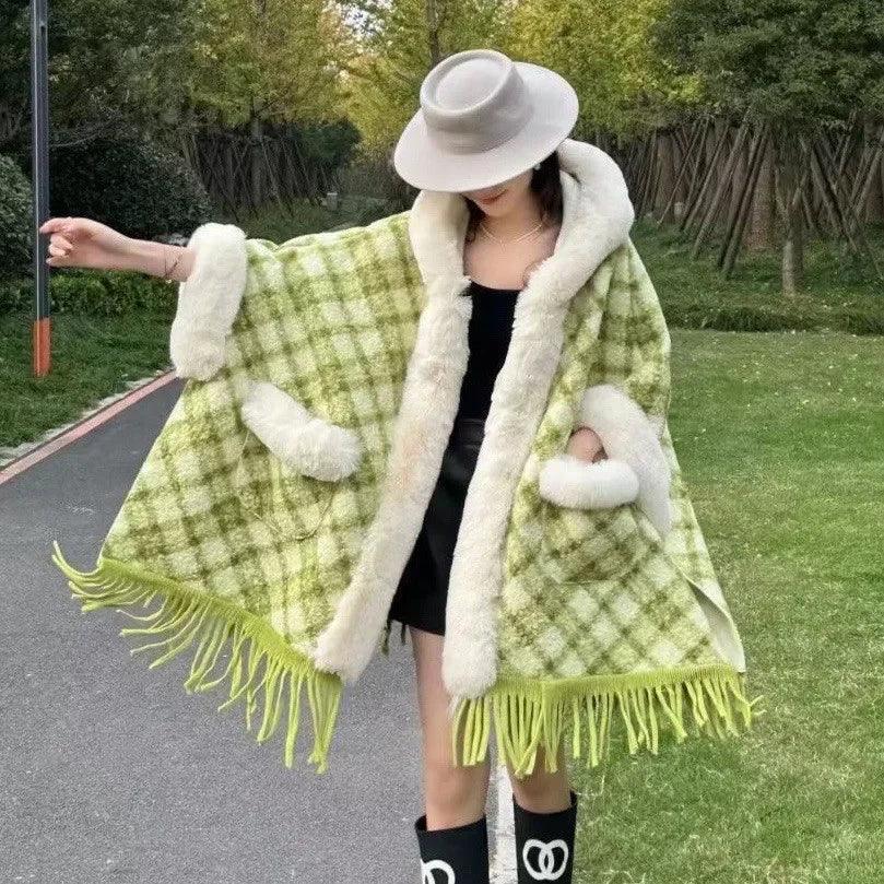 Hooded Overcoat Plaid Faux Lamb Fur Women’s Long Thick Velvet Poncho Cloak - JVMCL