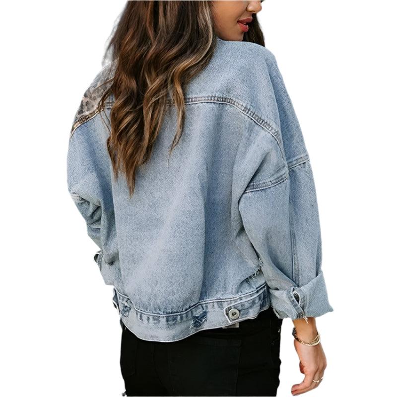 Trendy Patchwork Design Women's Leopard Stitching Comfortable Denim Jacket - JVMCL