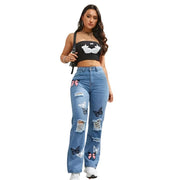 Women’s High-Waist Appliqué Straight-Leg Jeans – Trendy Streetwear Denim - JVMCL