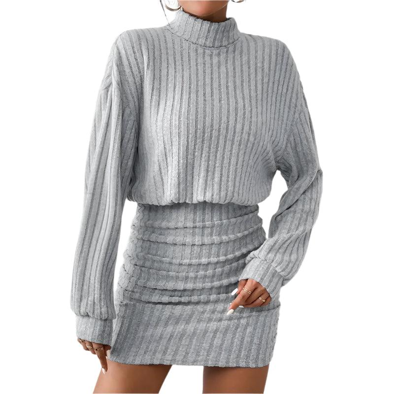 Women's High Neck Slim Knit Sweater Dress – Casual Long Sleeve Solid Mini Dress - JVMCL