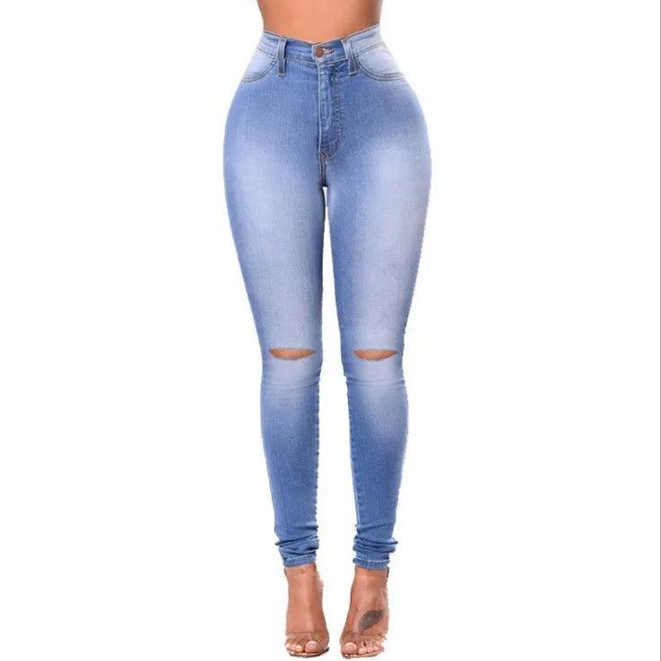 Vintage Women Ripped Fit High Waist Denim Pencil Pants Bootcut Pull-on Jeans - JVMCL