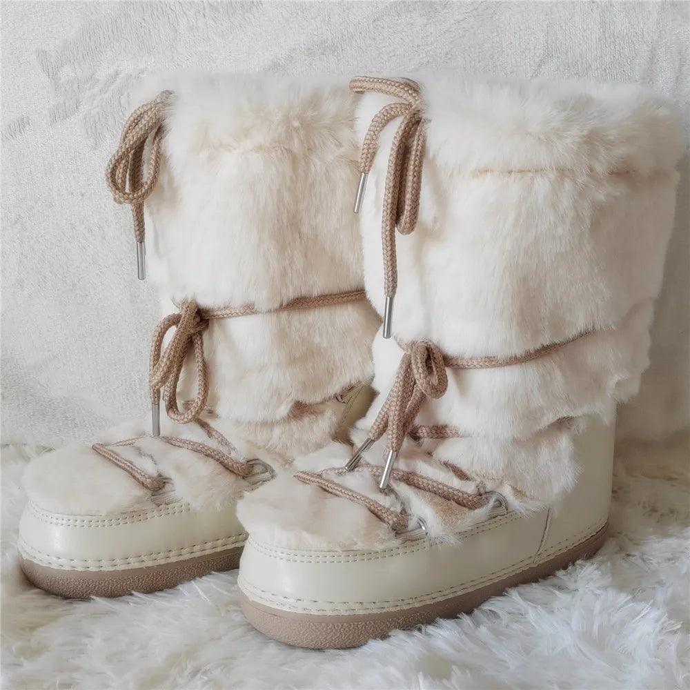 Luxury Winter Rabbit Fur Long Boots – Warm Fluffy Platform Ski Boots - JVMCL