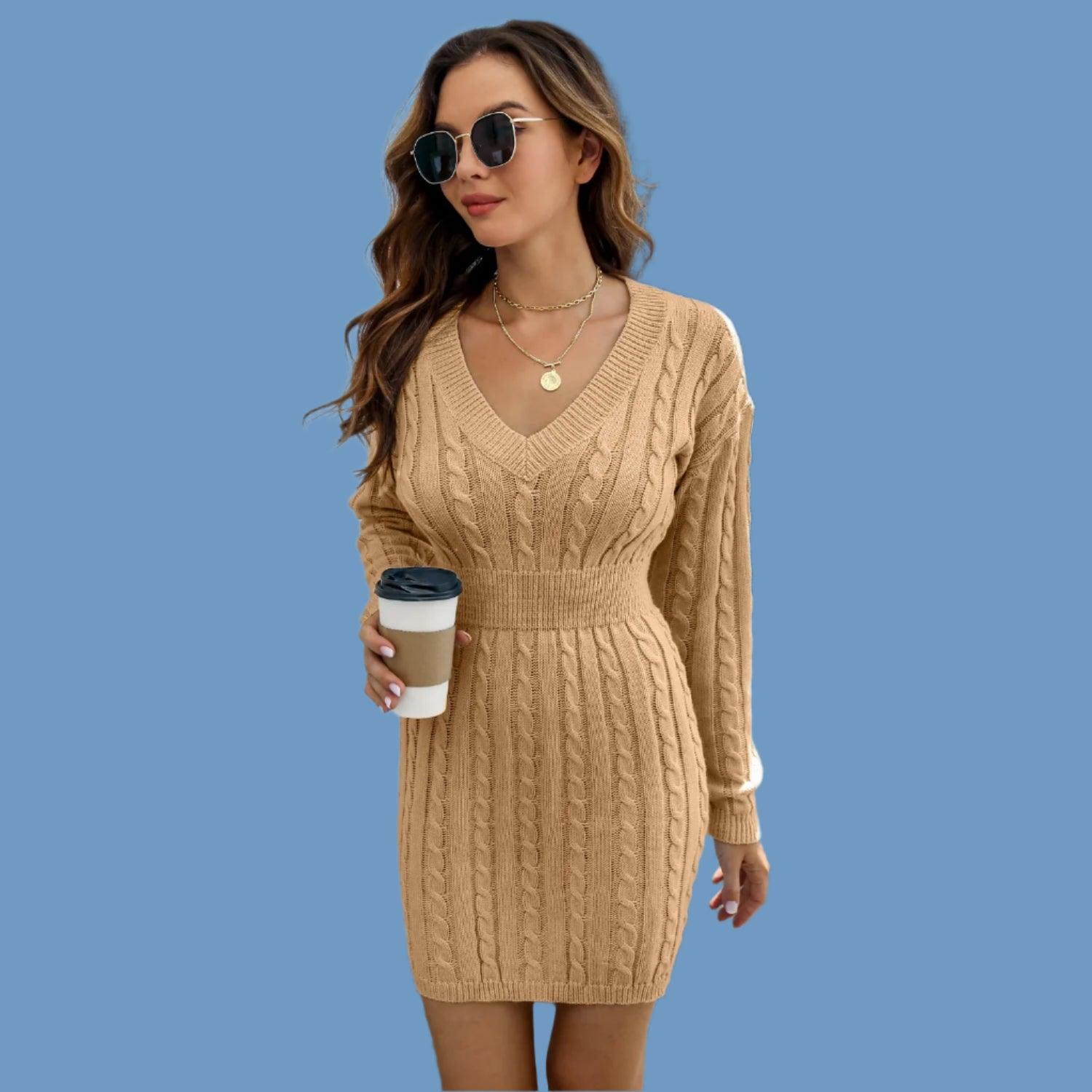 Knitted Solid Color V-neck Long-Sleeved Twist Waist Hip-Covering Sweater Dress - JVMCL