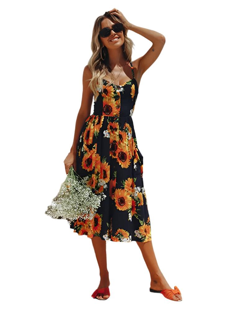 Elegance and Vintage Striped Floral Button-Up Boho Midi Sundress - JVMCL