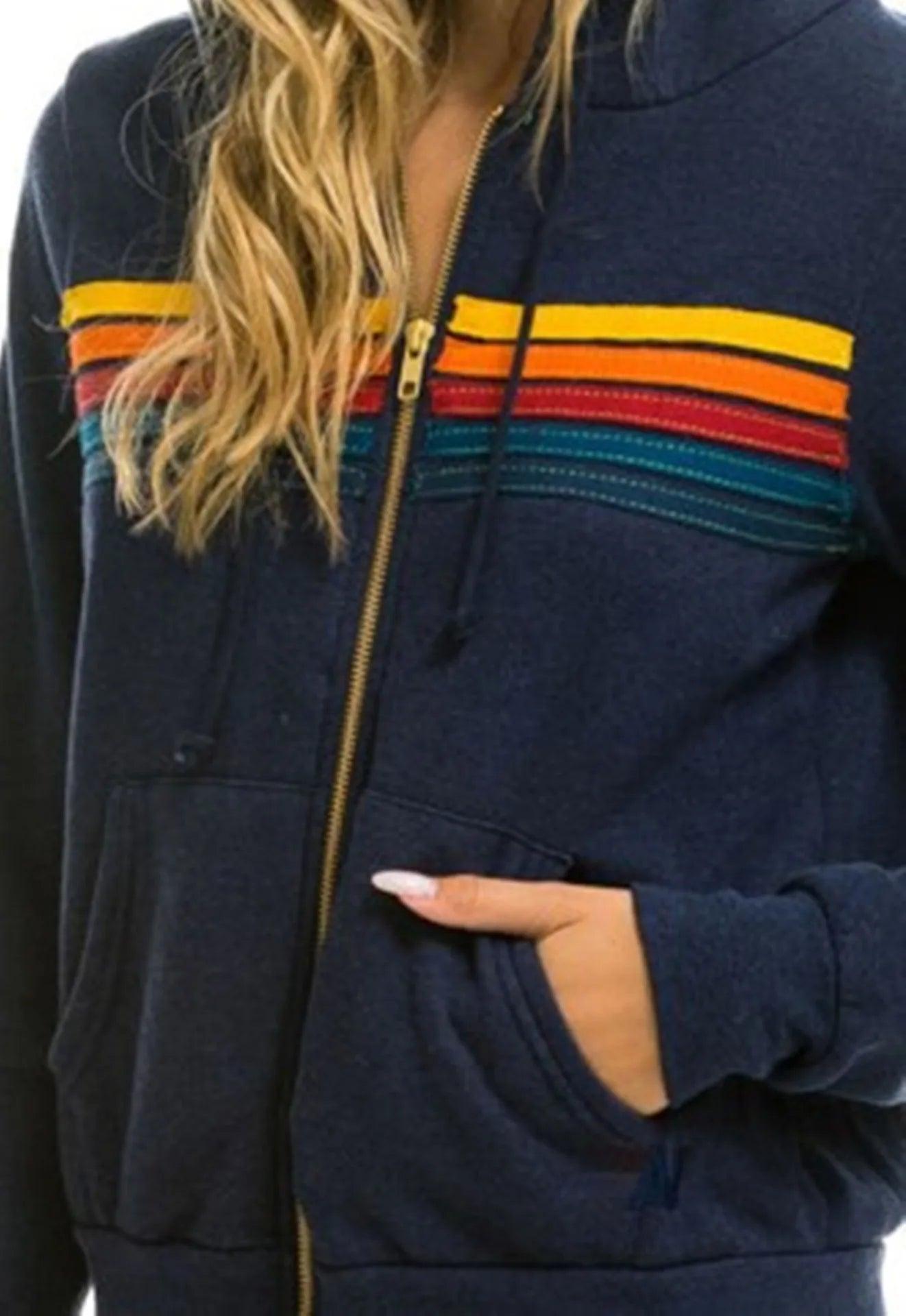 Aviator Nation 5 Stripe Rainbow Hooded Sweatshirt– Slim Fit Fleece Zip-Up Jacket - JVMCL