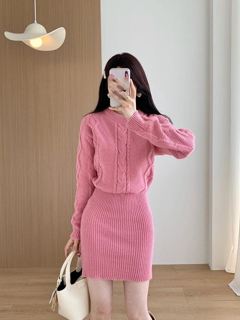 Ribbed Pullover Bodycon Batwing Sleeve Two-Piece Dress - JVMCL