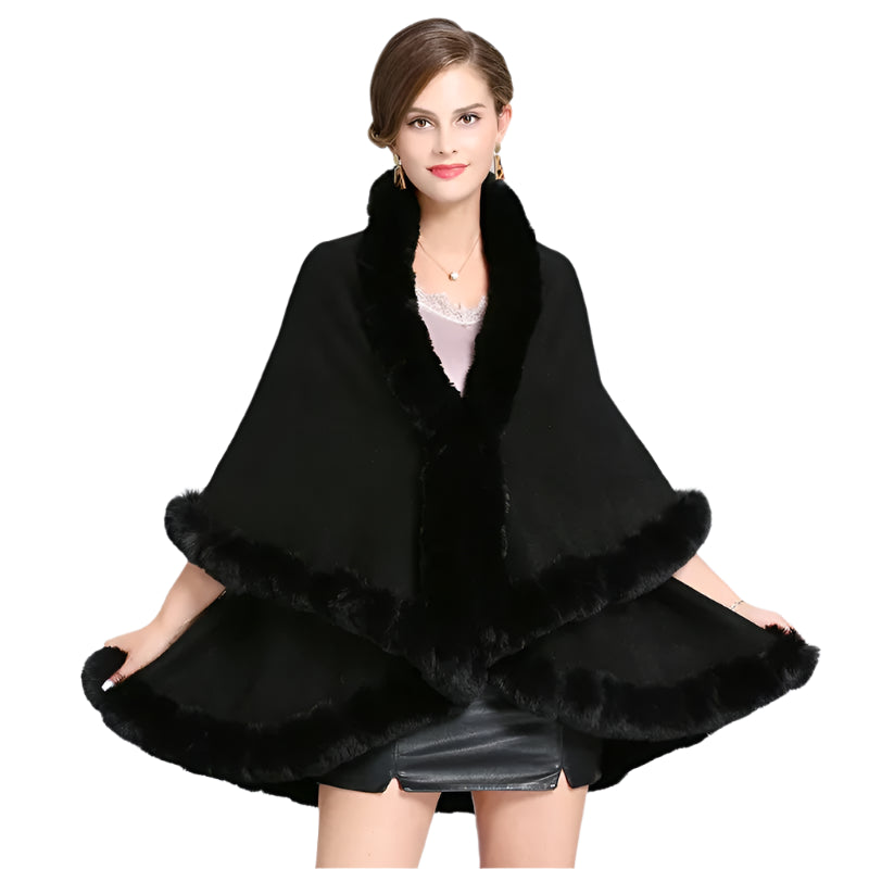 Elegant Outstreet Faux Fox Fur Collar Two-Layer Poncho Cape Cardigan Coat - JVMCL