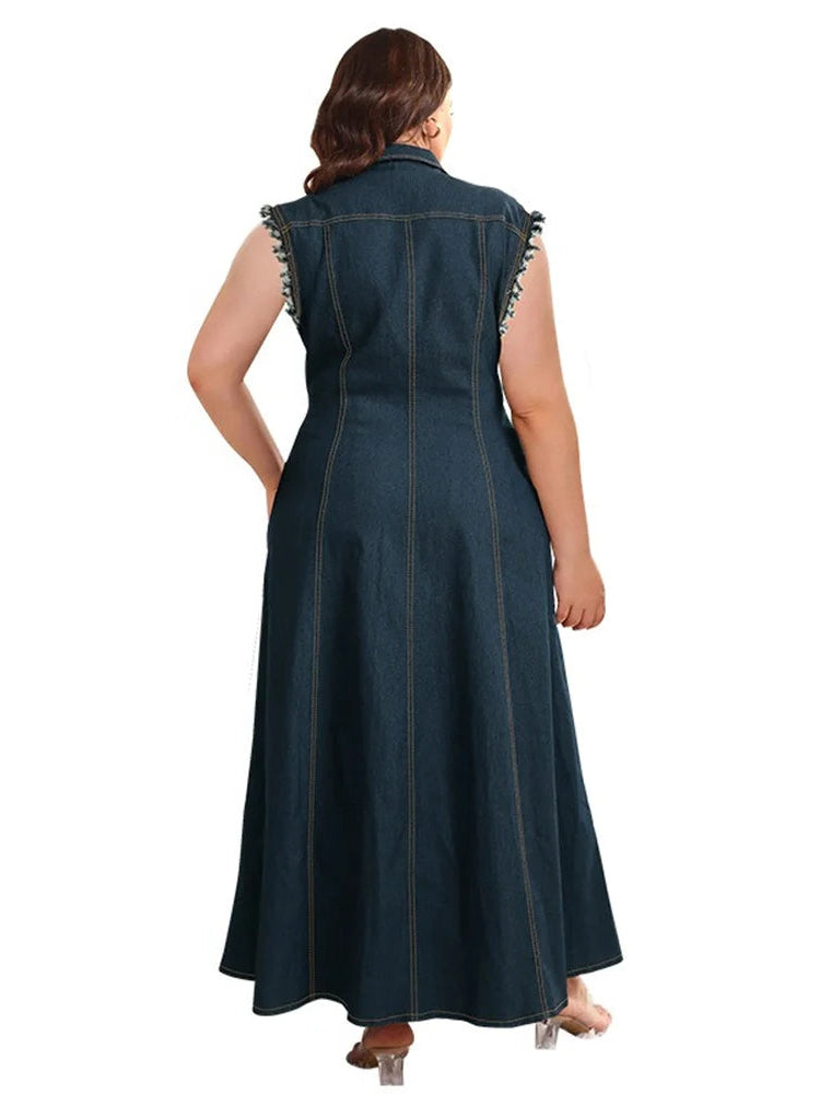 Elegant Button-Up Summer Fashion Denim Plus Size Sleeveless Maxi Dress