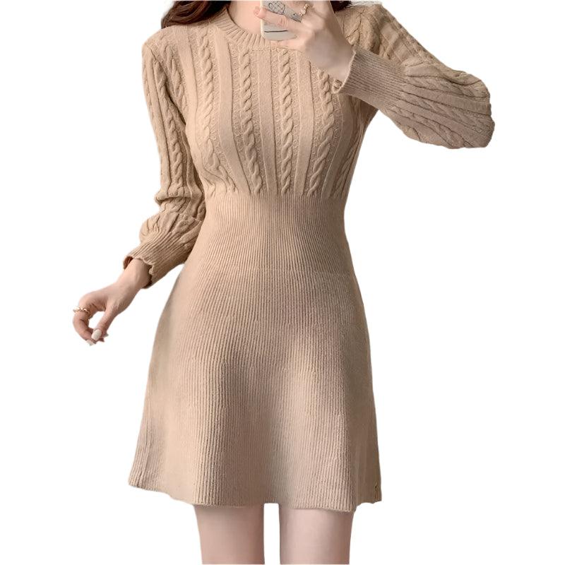 Chic Feminine Korea Winter Spring Women Office Lady O-Neck Knitted Sweater Dress - JVMCL