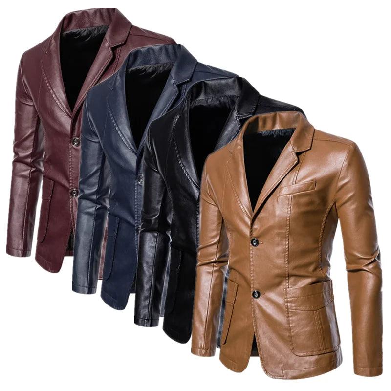 Men's Business Casual Leather Jacket – Slim Fit Suit Collar Coat - JVMCL