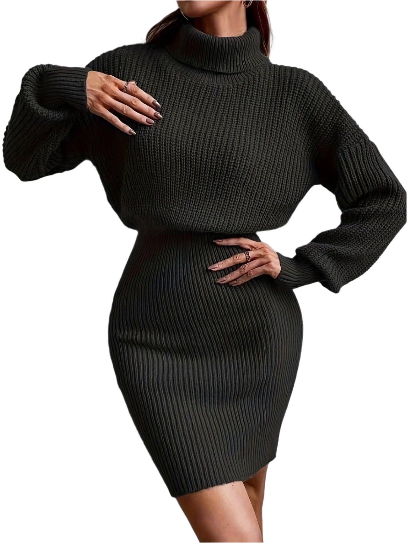 New Versatile High-neck Dropped-Sleeve Sweater Dress – Slim Fit Sheath Mini - JVMCL