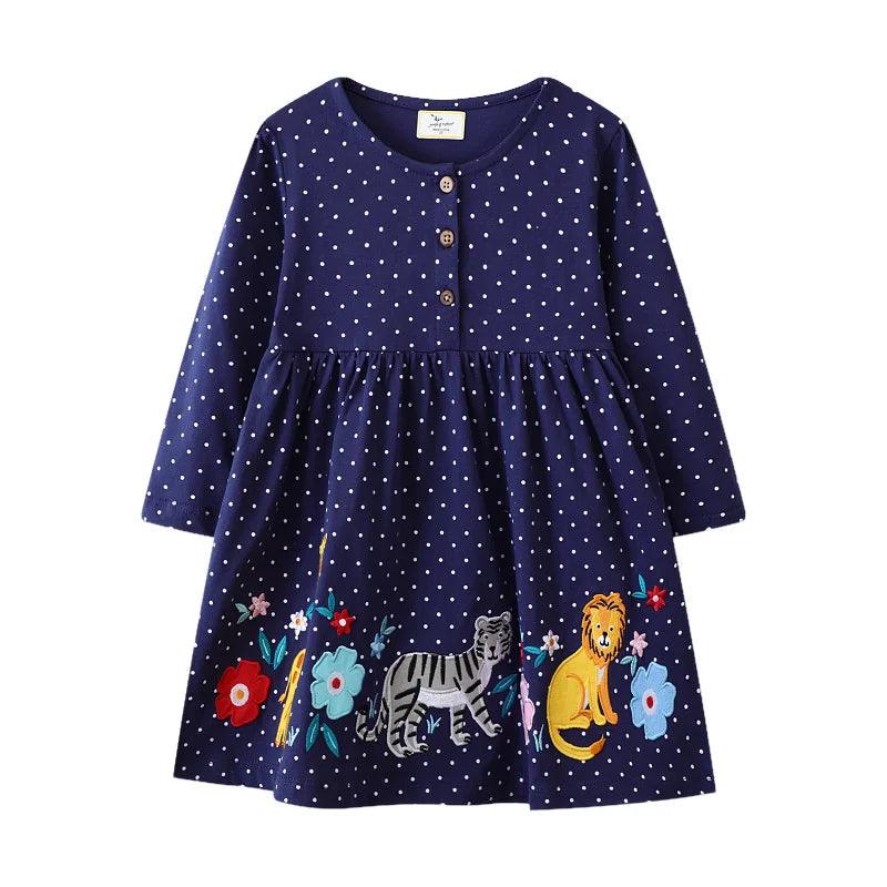 Adorable Animal Applique Princess Dress – Long Sleeve Girls' Party & School Outfit - JVMCL