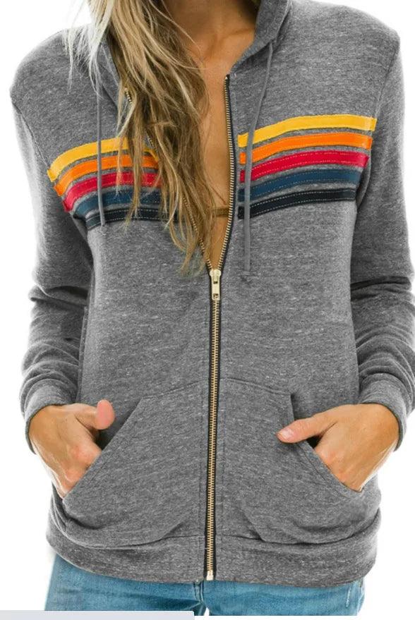 Aviator Nation 5 Stripe Rainbow Hooded Sweatshirt– Slim Fit Fleece Zip-Up Jacket - JVMCL