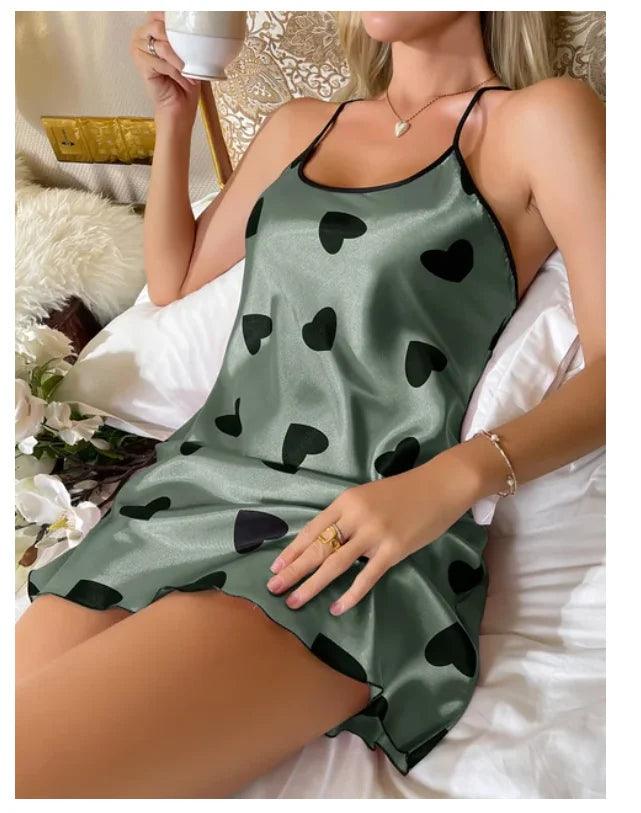 Heart Print Criss-Cross Back Nightdress - Elegant Scoop Neck Sleepwear for Women - JVMCL