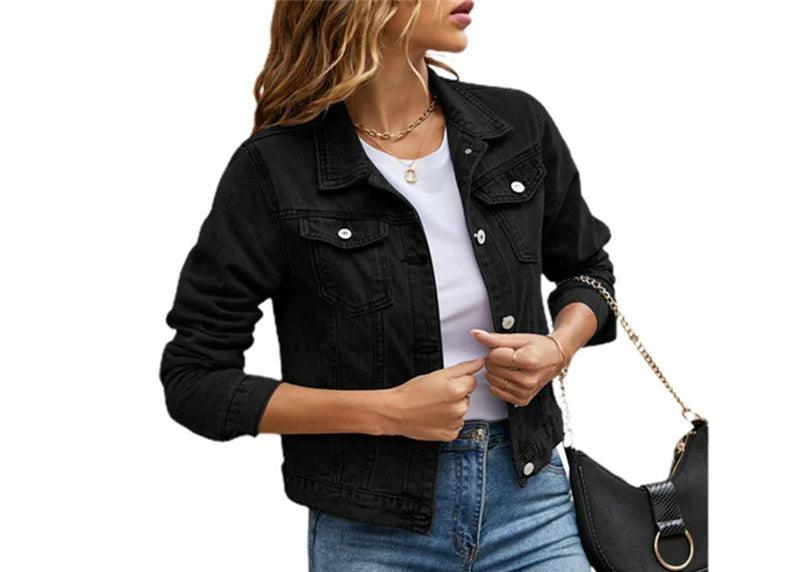 Women's Short Slim Denim Jacket -Casual Fall/Winter Jean Coat with Patch Details - JVMCL